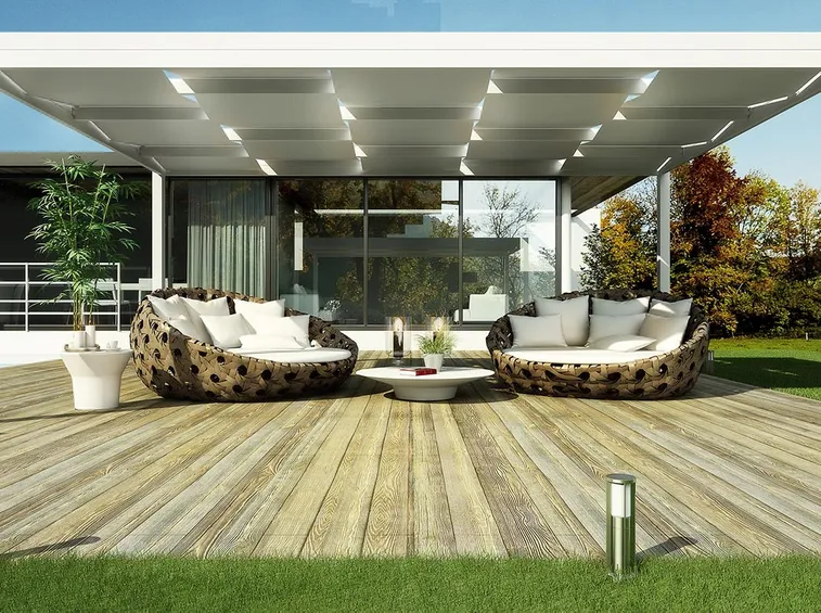 Riscaldare e illuminare lo spazio senza aspettarsi un soggiorno (foto Pergola Weave)