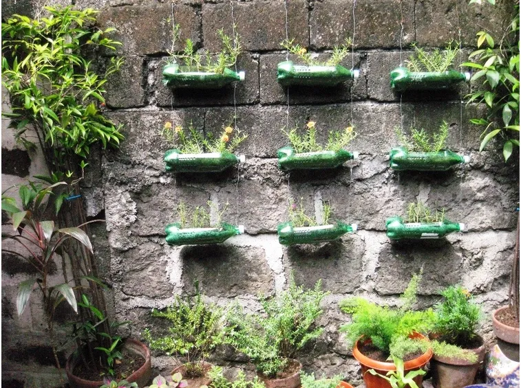 Giardino verticale realizzato con bottiglie in plastica