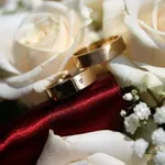 Immagine delle fedi su un bouquet di rose bianche.