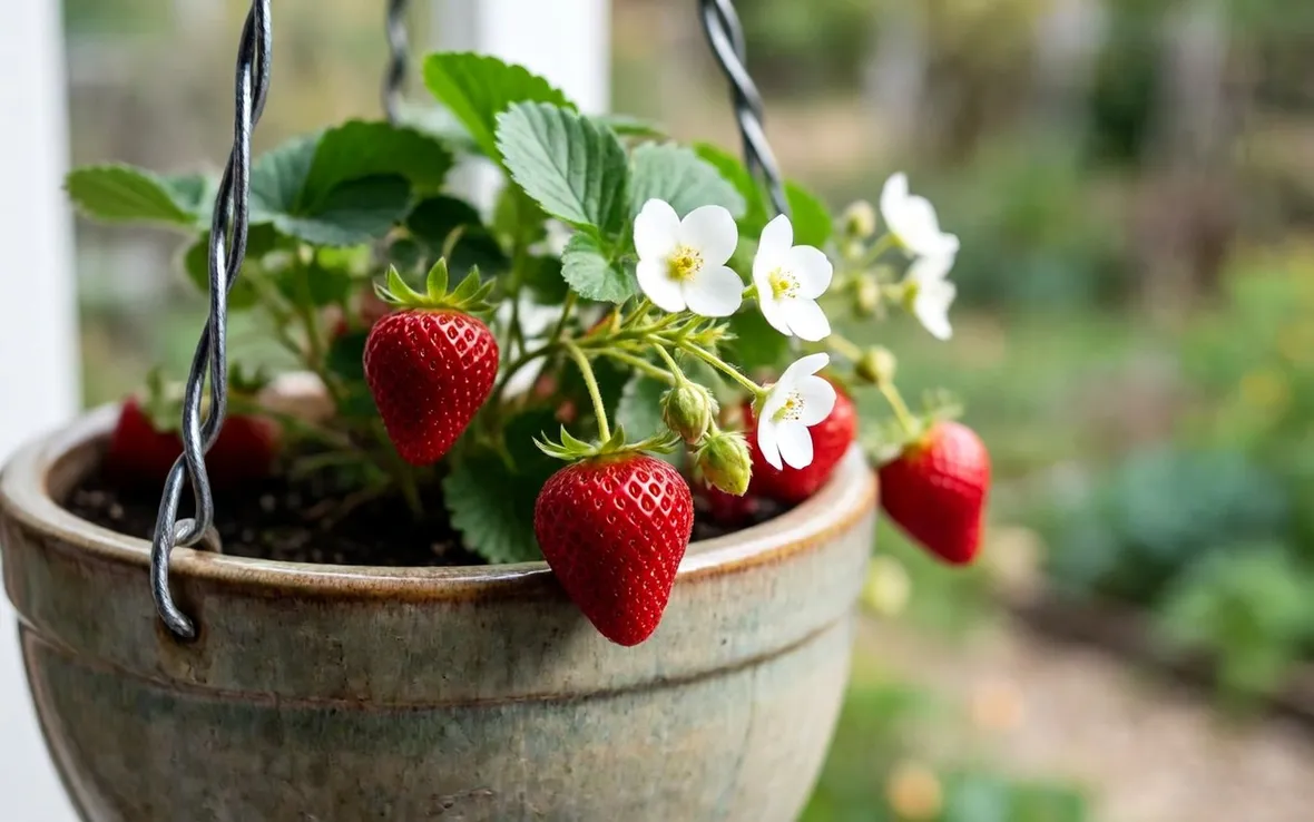 Una pianta di fragole in vaso