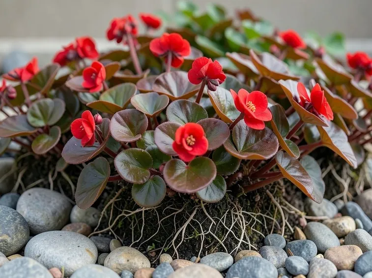 Un'aiuola di begonia semperflorens dai fiori rossi e dal fogliame bronzeo