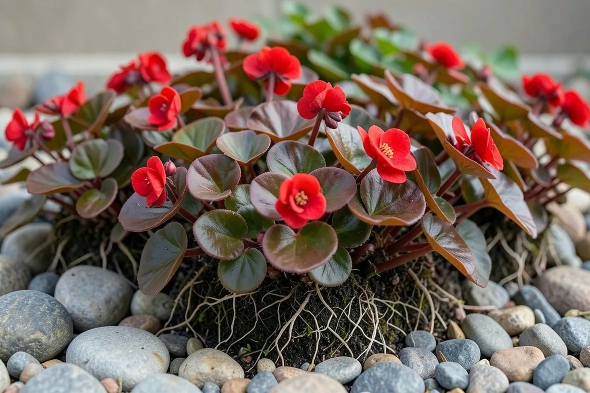 Un'aiuola di begonia semperflorens dai fiori rossi e dal fogliame bronzeo