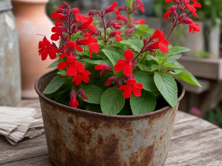 Una pianta di salvia splendens coltivata in vaso