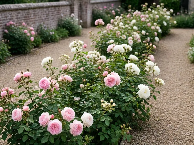 Siepi di rose inglesi all'interno di un giardino