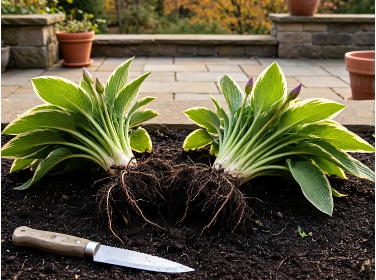 Hosta: estrarre il cespo intero e separare le porzioni con le gemme