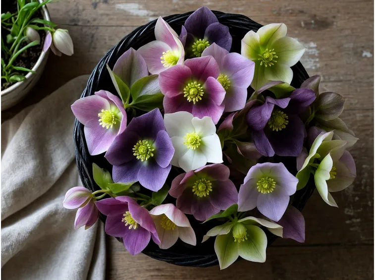 Un cesto di fiori di helleborus orientalis