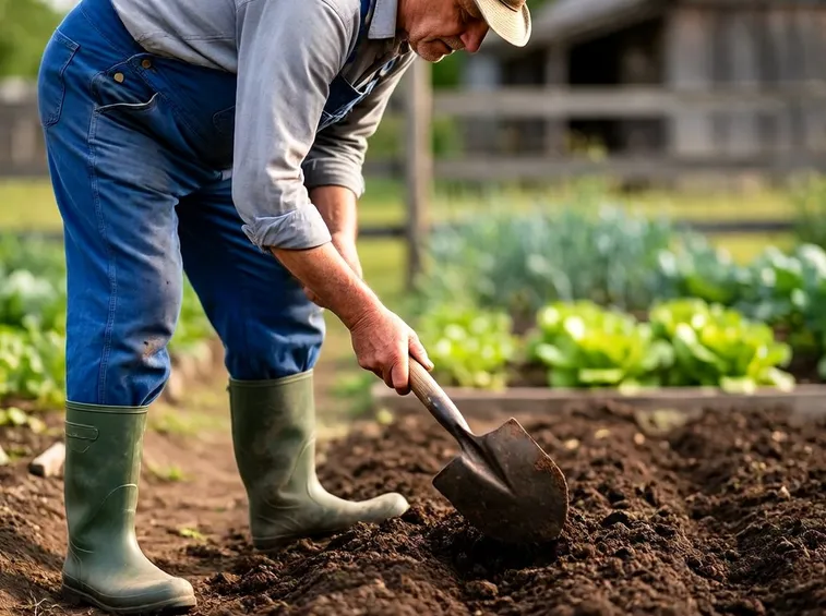 Contadino fertilizza l'orto