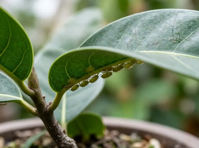 Afidi su foglie di ficus bonsai