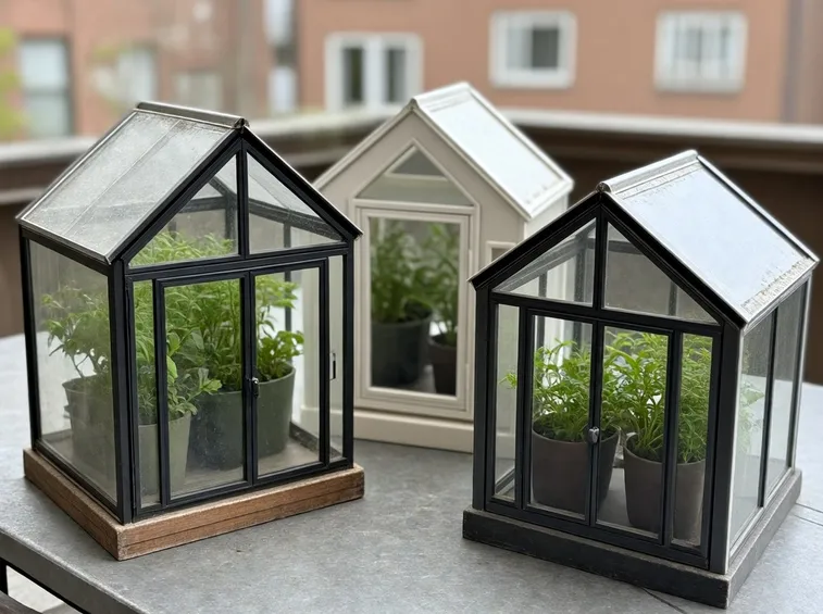 Un esempio di piccola serra da balcone a forma di casetta