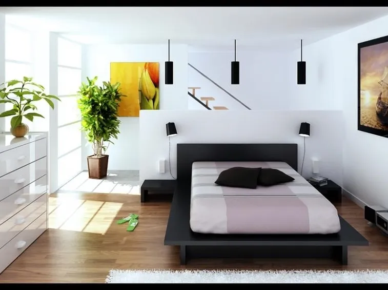 Camera da letto decorata con due piante finte da arredo